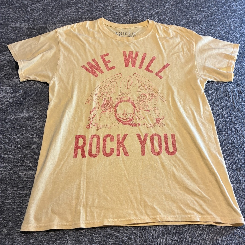 Queen We Will Rock You Crest Band T-Shirt Mens Medium Yellow Official Merch Tee